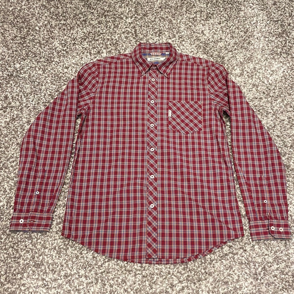 Plaid Red, Blue & White Long-Sleeve Button Down